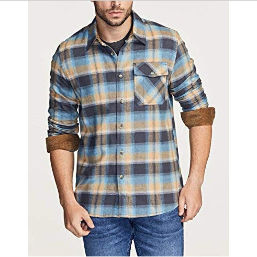 CQR Flannel Shirt Flip Cuff Mens XL 100% Cotton Blue Brown Plaid Button Down Top